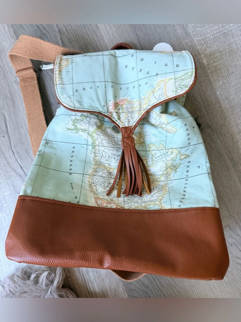 World Map Backpack w Brown Faux Leather Accents and Silver Tone Hardware NEW